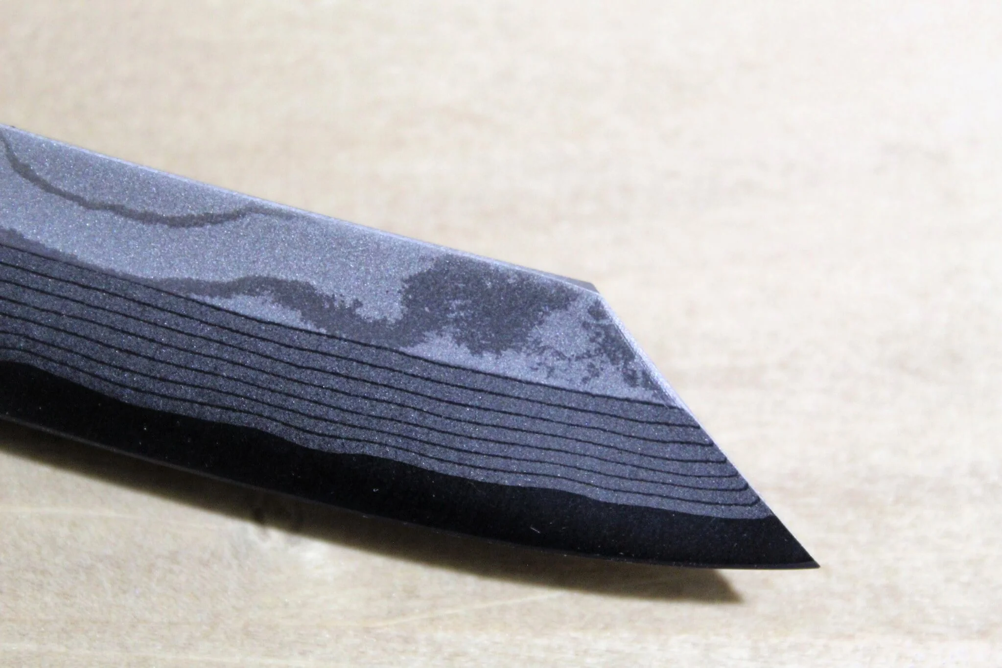Higonokami Damascus Aoniko (Blue Steel #2) Tiger and Bamboo Black Handle Folding Pocket Knife - Image 6