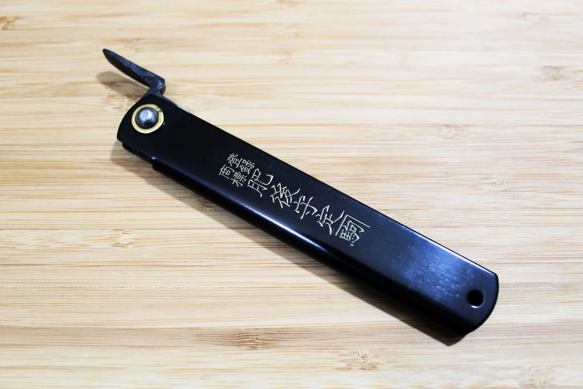 Higonokami Damascus Aoniko (Blue Steel #2) Tiger and Bamboo Black Handle Folding Pocket Knife - Image 9