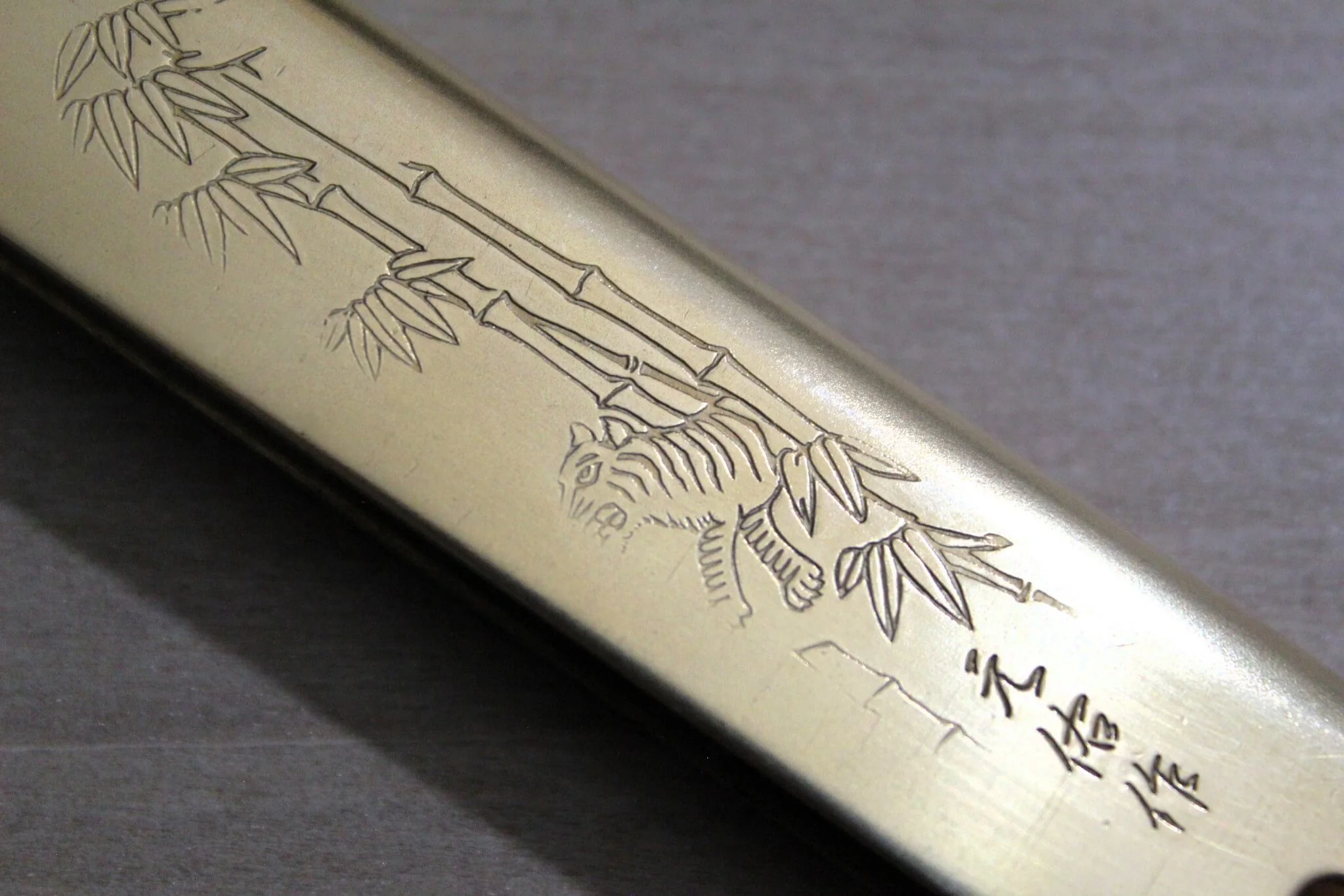 Higonokami Damascus Aoniko (Blue Steel #2) Tiger and Bamboo Folding Pocket Knife - Image 12