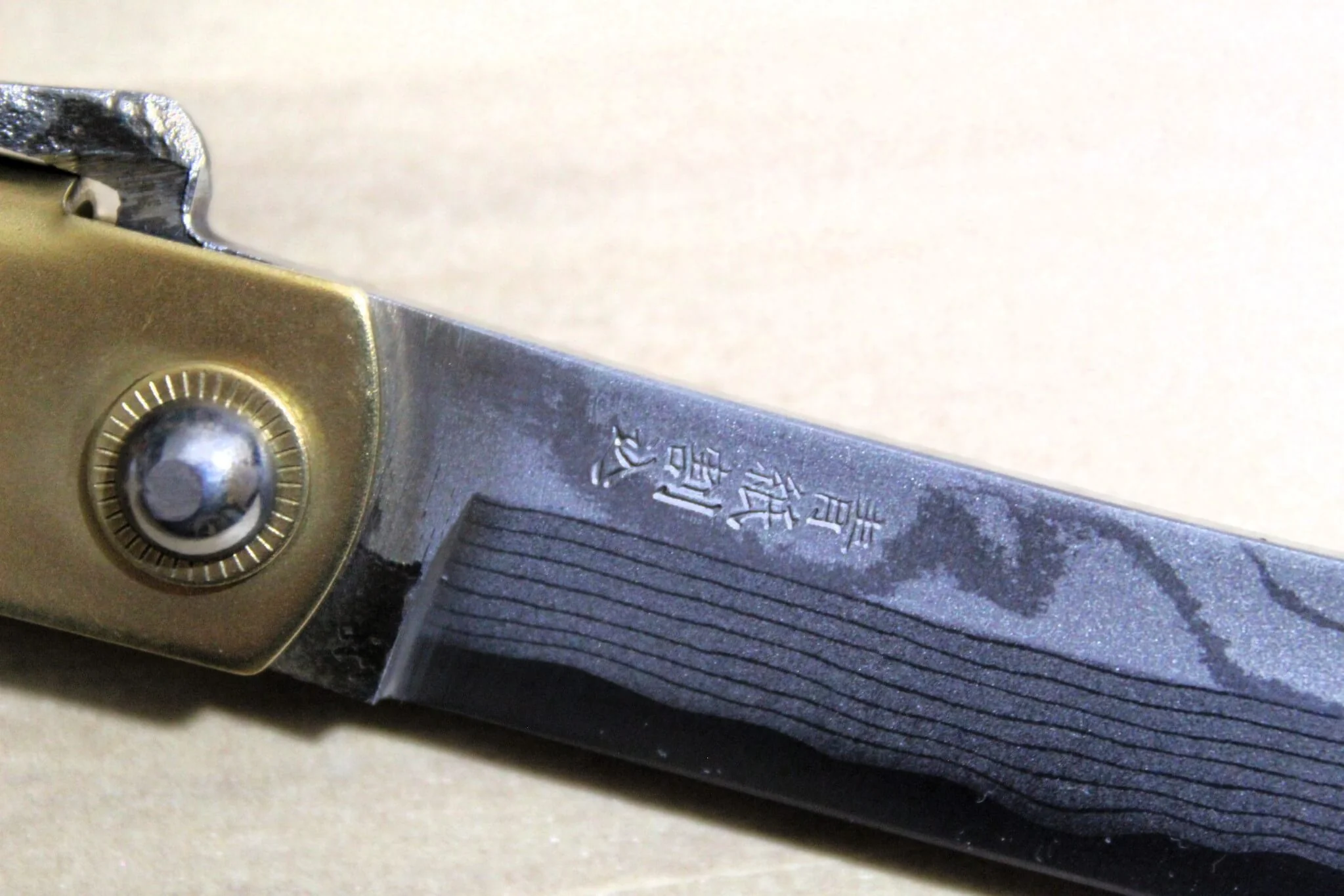 Higonokami Damascus Aoniko (Blue Steel #2) Tiger and Bamboo Folding Pocket Knife - Image 5