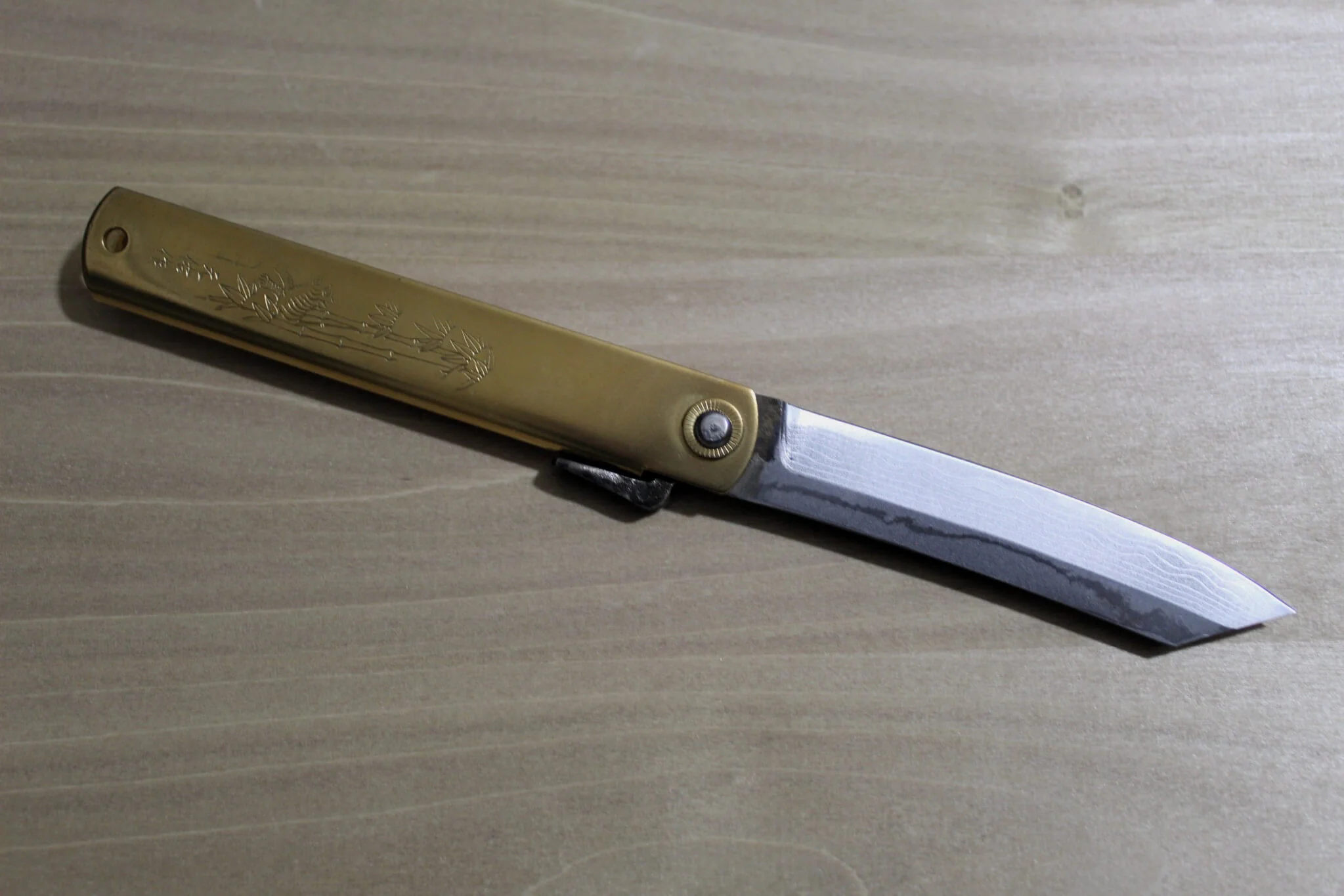 Higonokami Damascus Aoniko (Blue Steel #2) Tiger and Bamboo Folding Pocket Knife - Image 8