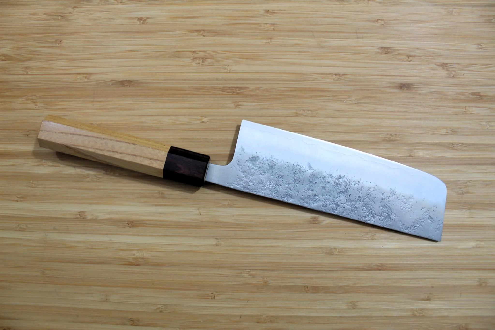 Hounen Kihan Oborozuki Ginsan Nashiji Nakiri Knife 165 mm / 6.5" with Magnolia Handle - Image 6