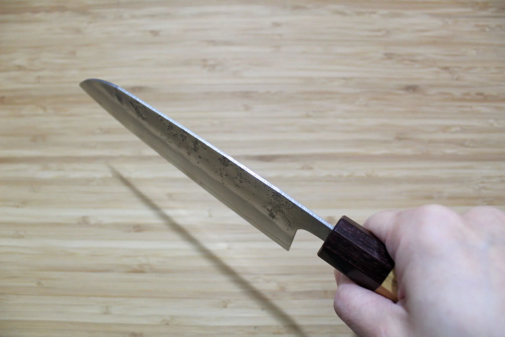 Hounen Kihan Oborozuki Ginsan Nashiji Santoku Knife 165 mm / 6.5" with Magnolia Handle - Image 10