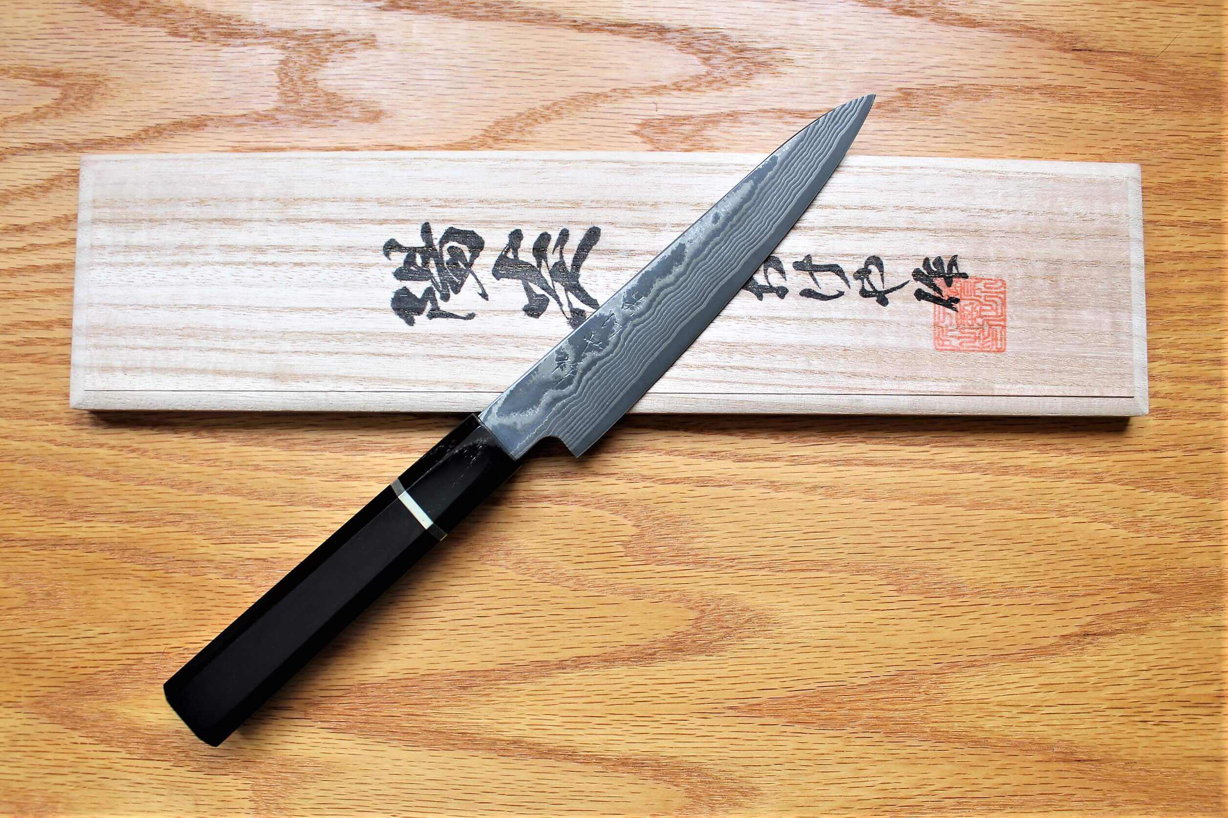 Fujiwara Yasuhiko Kagerou Ginsan Nickle Damascus Petty with Ebony Handle Buffalo Ferrule 150mm / 5.9" - Image 10