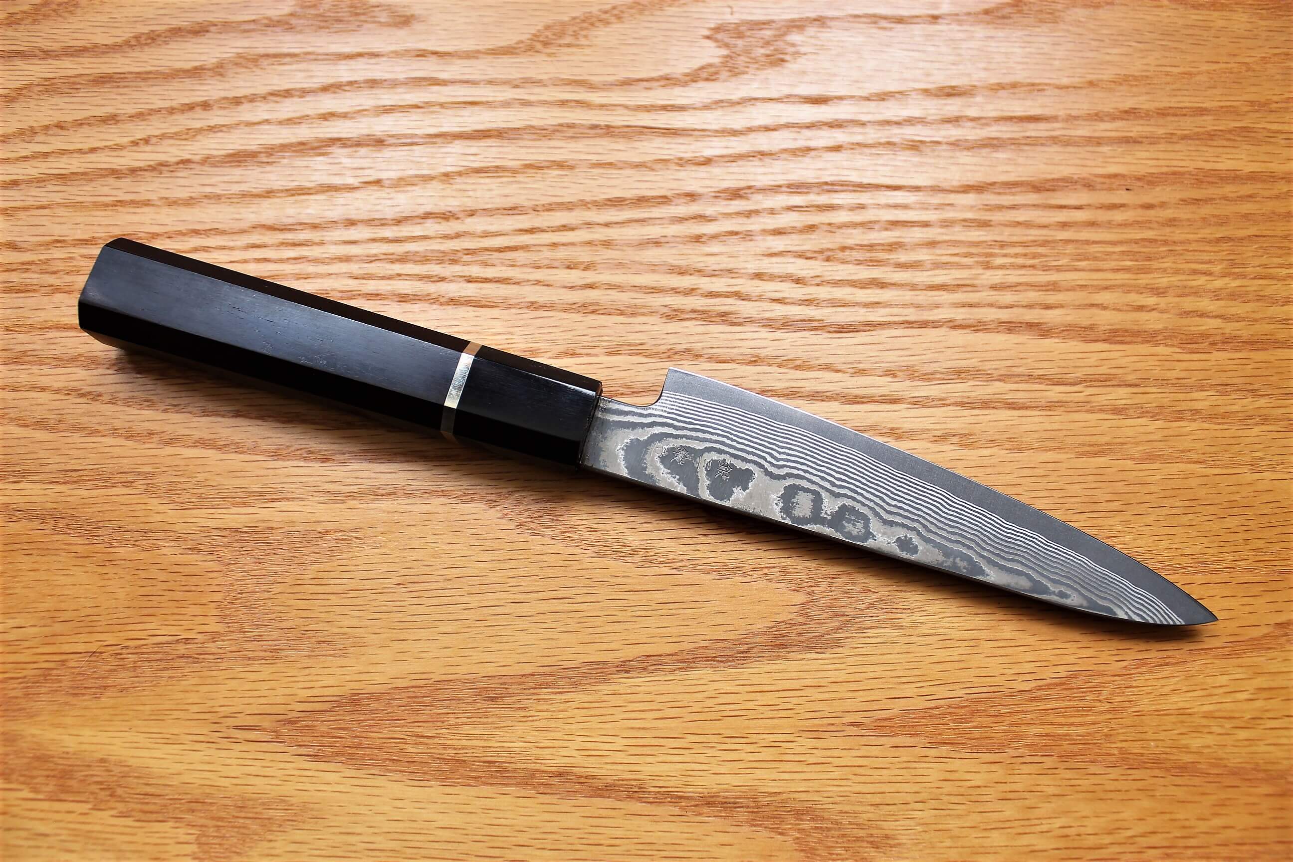 Fujiwara Yasuhiko Kagerou Ginsan Nickle Damascus Petty with Ebony Handle Buffalo Ferrule 150mm / 5.9" - Image 5