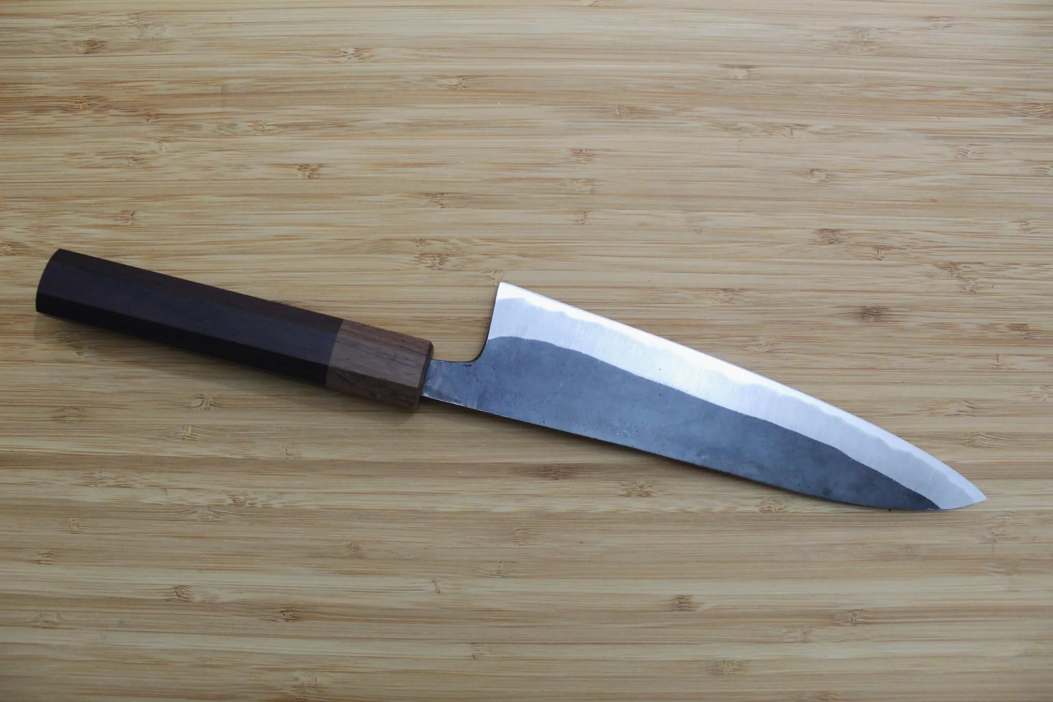 Kaneshige Hamono Kurouchi Aoniko Santoku Knife 190 mm (7.5") Khii Ebony Handle - Image 5