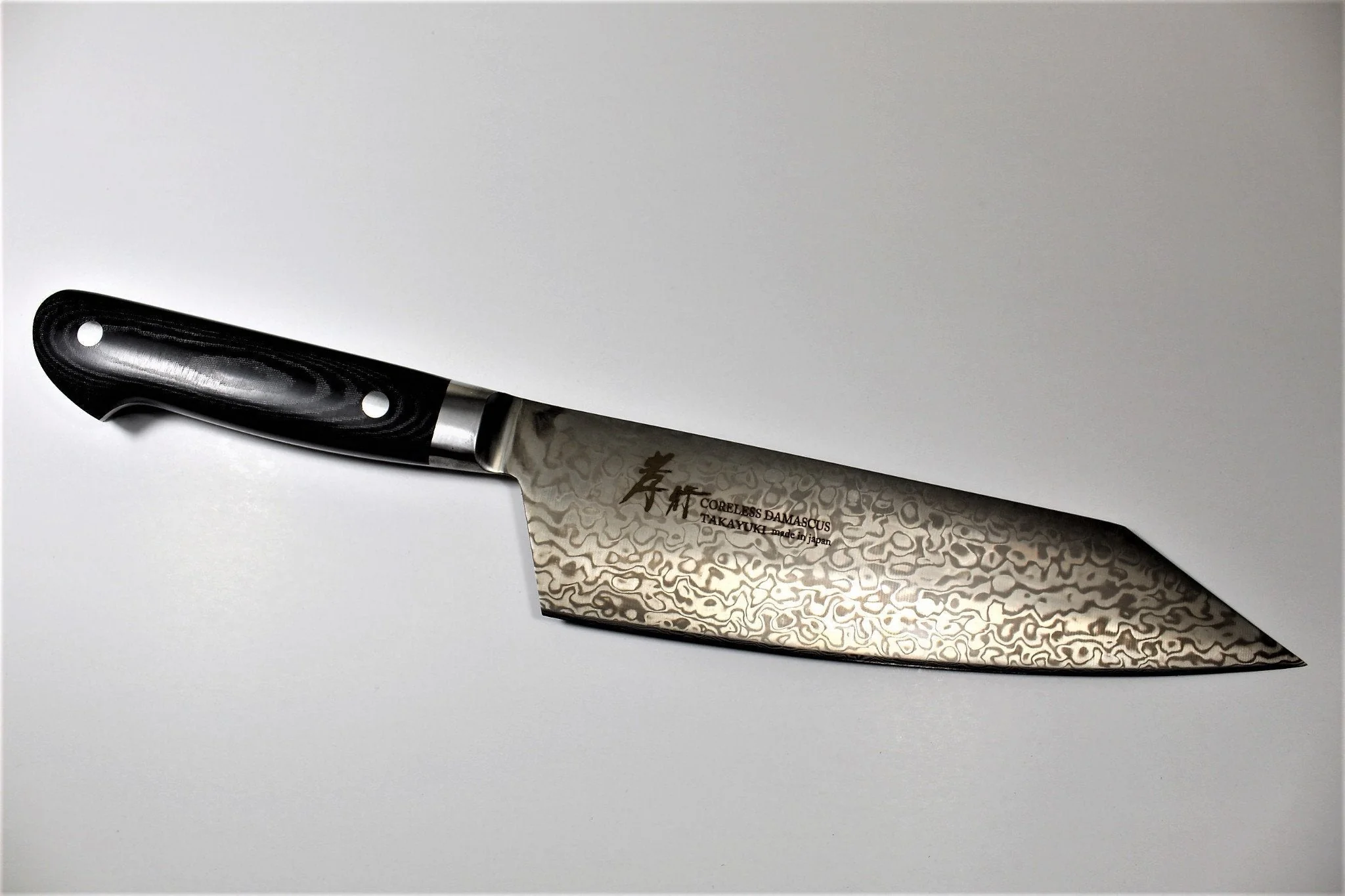 Sakai Takayuki Coreless VG10 & VG2 Damascus 190mm Kengata Gyuto - Black Canvas Micarta - Image 5