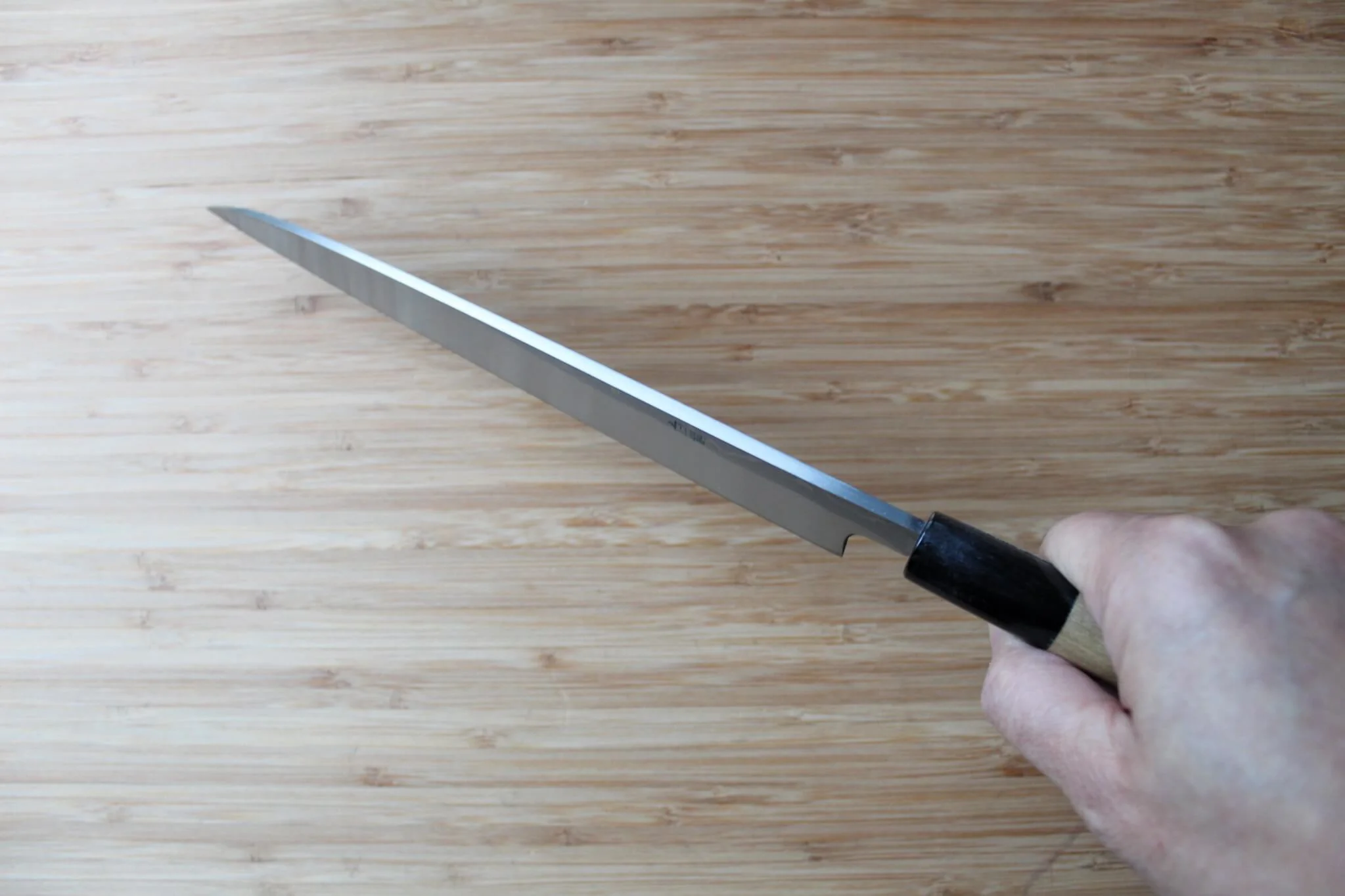 Miki Hamono Yanagiba Slicer Knife Shironiko Damascus Magnolia Handle - Image 11