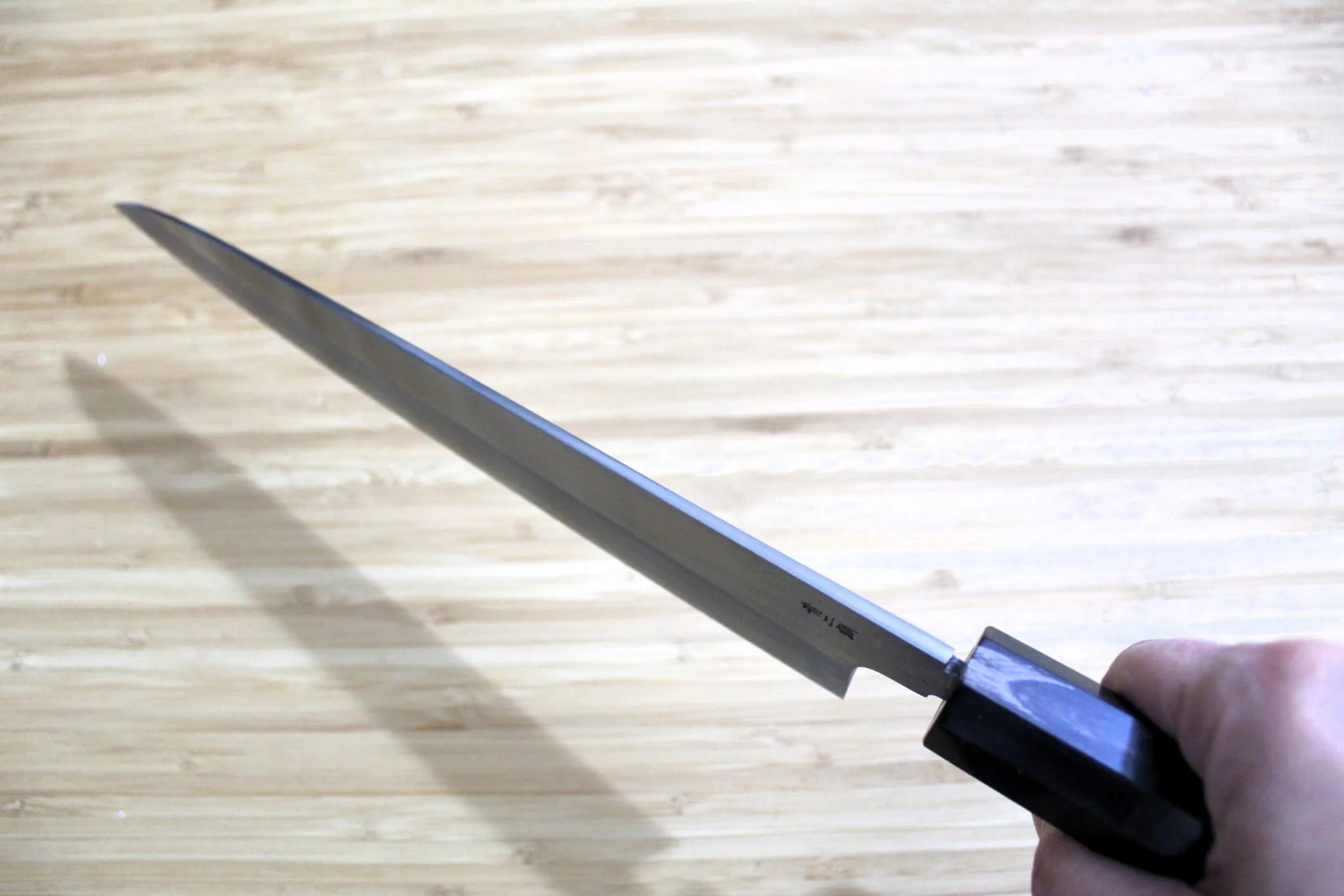 OUL Aoniko / Blue Steel #2 Gyuto 240 mm / 9.4" with Ebony Handle - Image 11
