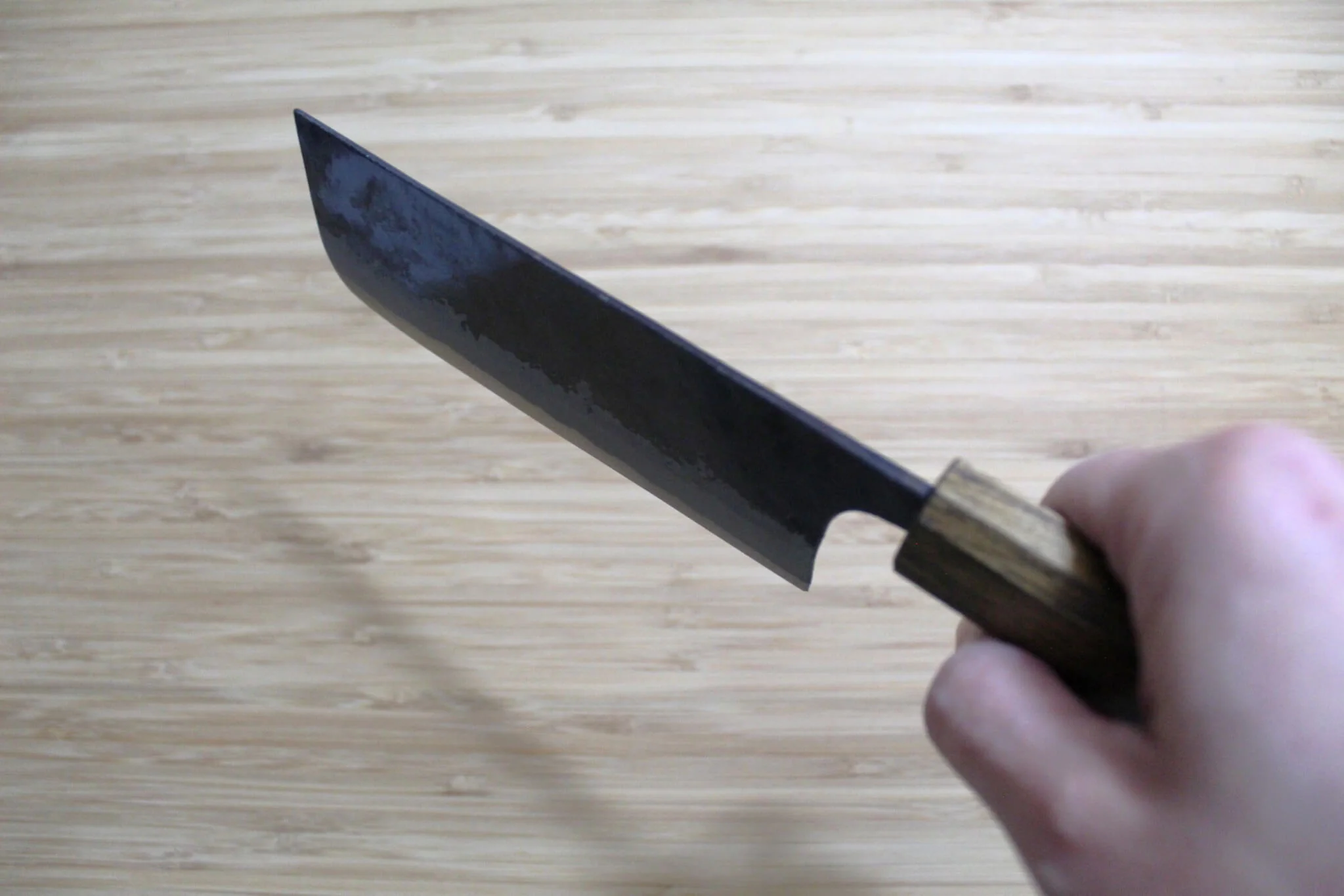 OUL Kurouchi Aoniko / Blue Steel #2 Small Nakiri Knife 120 mm / 4.7" Black Oak Handle - Image 10