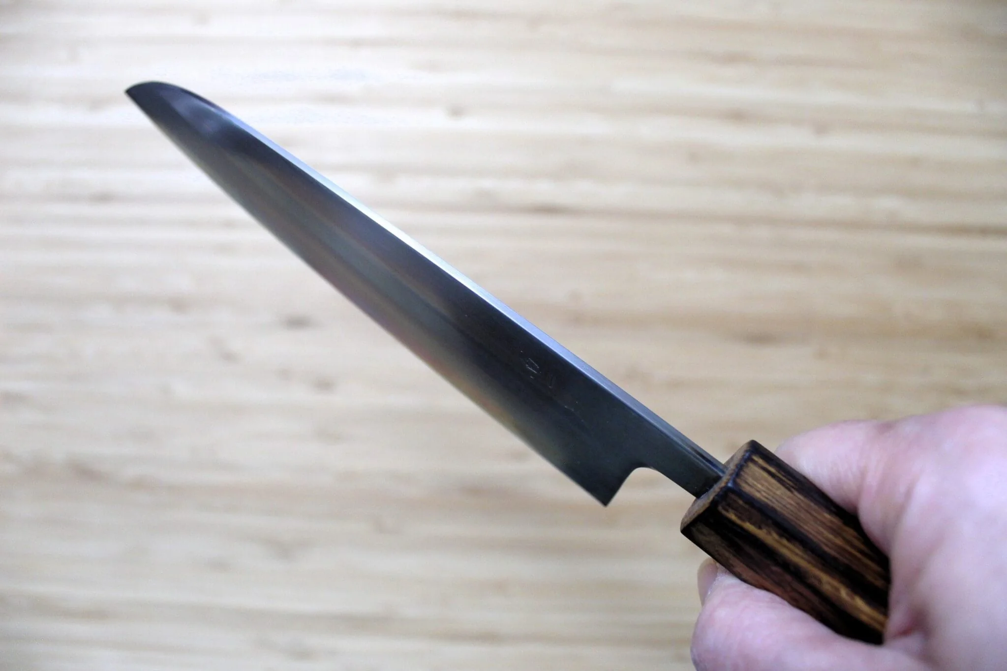 OUL Santoku Shirogami #1 / White Steel #1 Stainless Clad 165 mm / 6.5" Burnt Oak Handle - Image 11