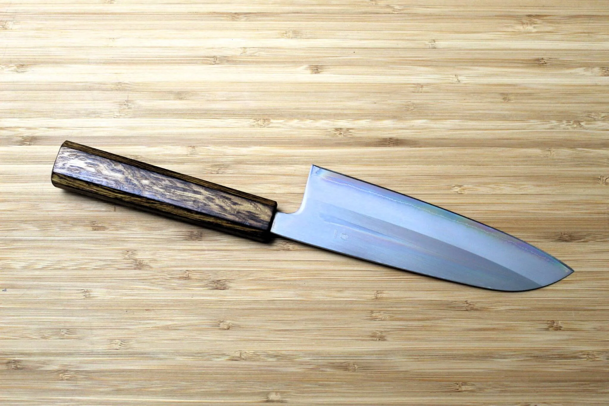 OUL Santoku Shirogami #1 / White Steel #1 Stainless Clad 165 mm / 6.5" Burnt Oak Handle - Image 5