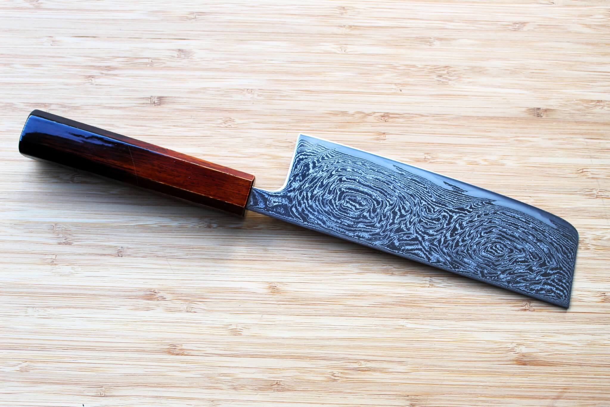 OUL Uzu Vortex Nickle Damascus Nakiri 165 mm / 6.5 " Lacquer Handle - Image 5