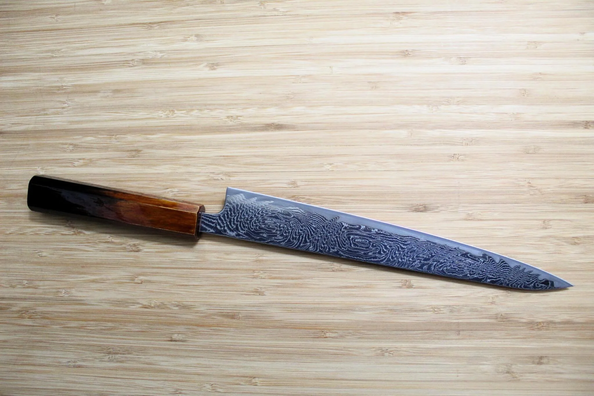 OUL Uzu Vortex Nickle Damascus Sujihiki 240 mm / 9.4" Lacquer Handle - Image 5