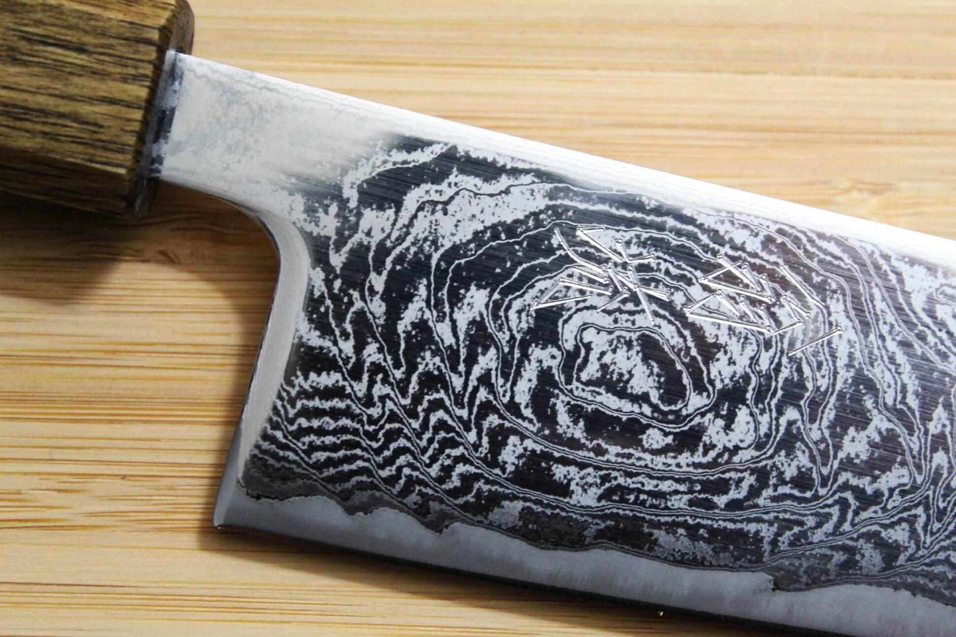 OUL Uzu Vortex Nickle Damascus Gyuto 210 mm / 8.2" Black Oak - Image 3