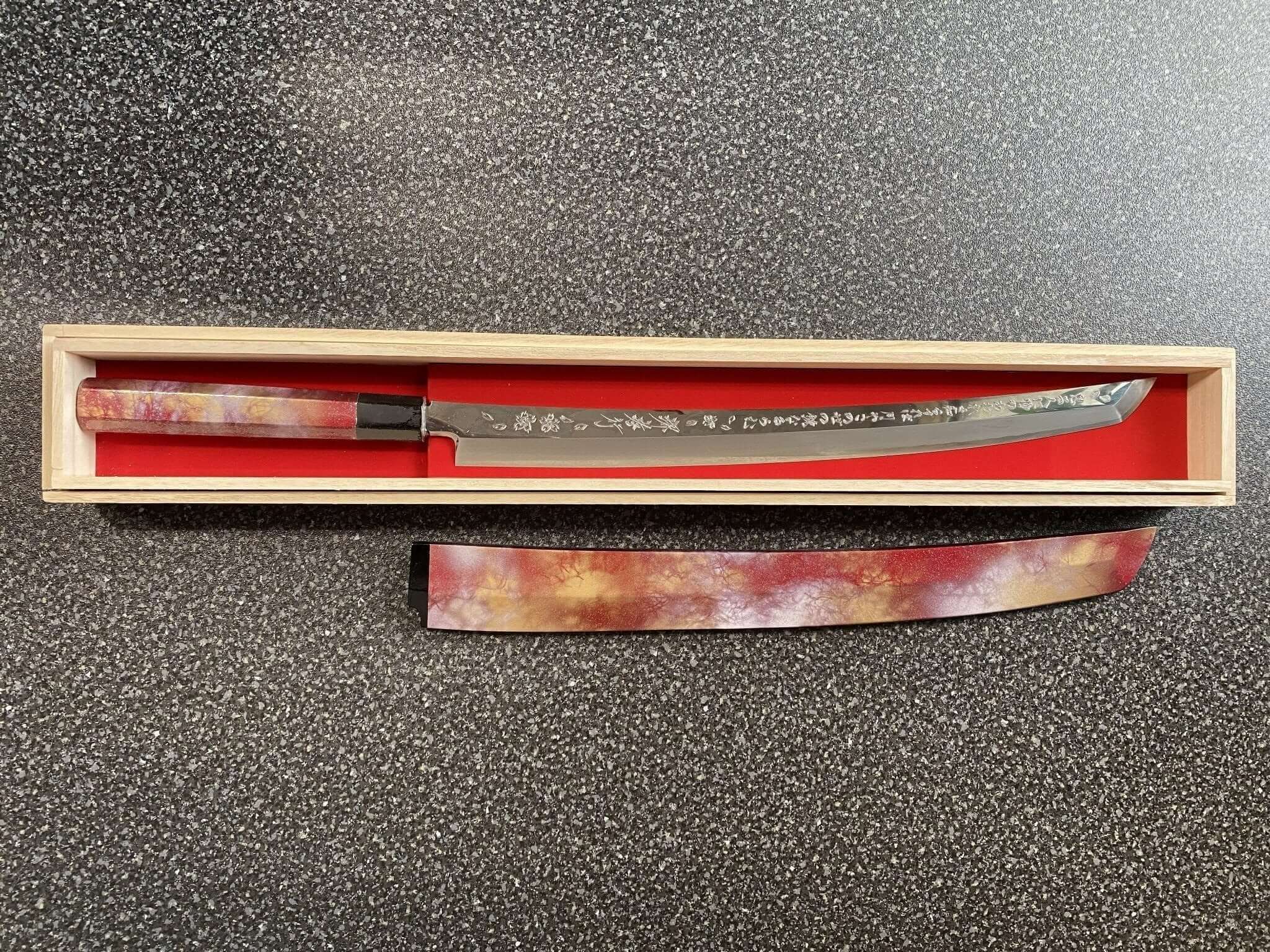 Sakai Takayuki Rinka Ginsan Silver #3 Sakimaru-Takohiki 390mm (15.4") with Decorative Handle and Saya - Cherry Blossom Engraving - Slicer - Image 15