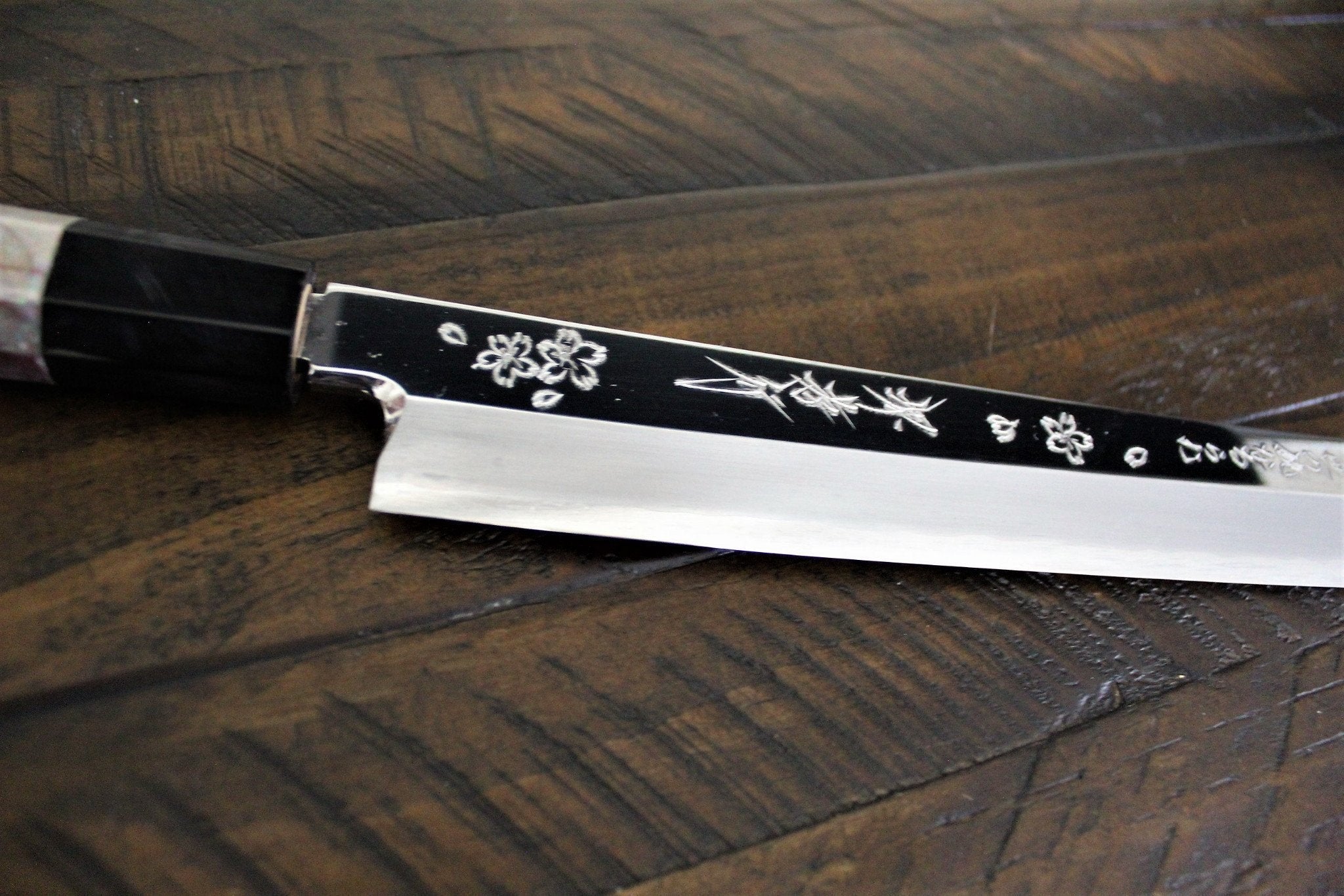 Sakai Takayuki Rinka Ginsan Silver #3 Sakimaru-Takohiki 390mm (15.4") with Decorative Handle and Saya - Cherry Blossom Engraving - Slicer - Image 3