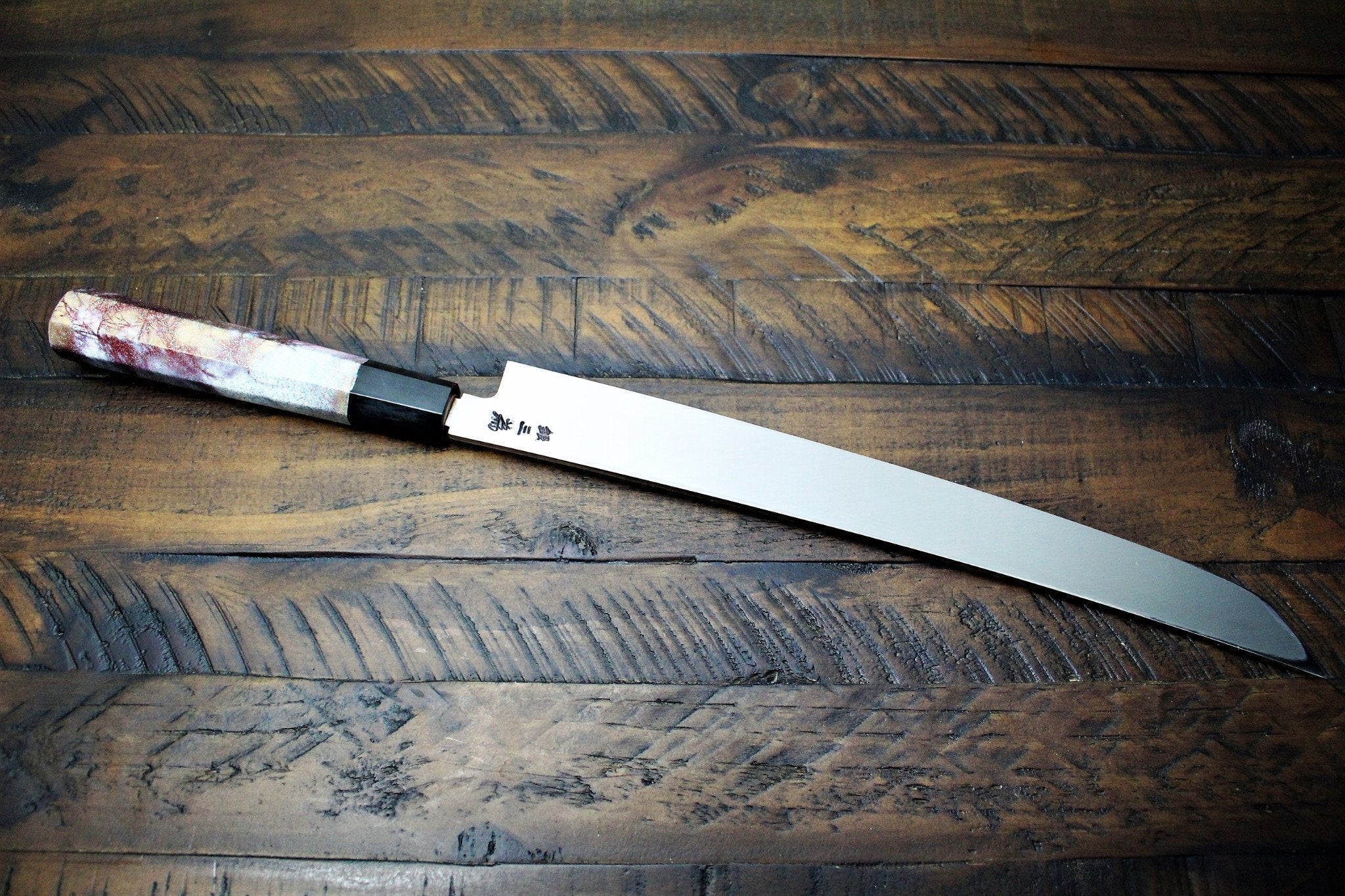 Sakai Takayuki Rinka Ginsan Silver #3 Sakimaru-Takohiki 390mm (15.4") with Decorative Handle and Saya - Cherry Blossom Engraving - Slicer - Image 7