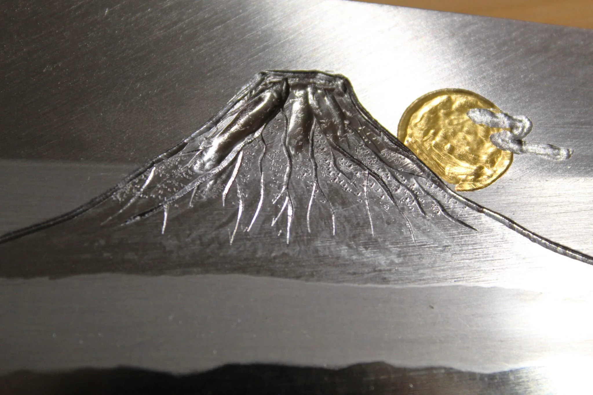 Sakai Takayuki Aoniko Gyuto 210 mm (8.2") - Mt. Fuji and Sunset Hand Engraving - Image 5