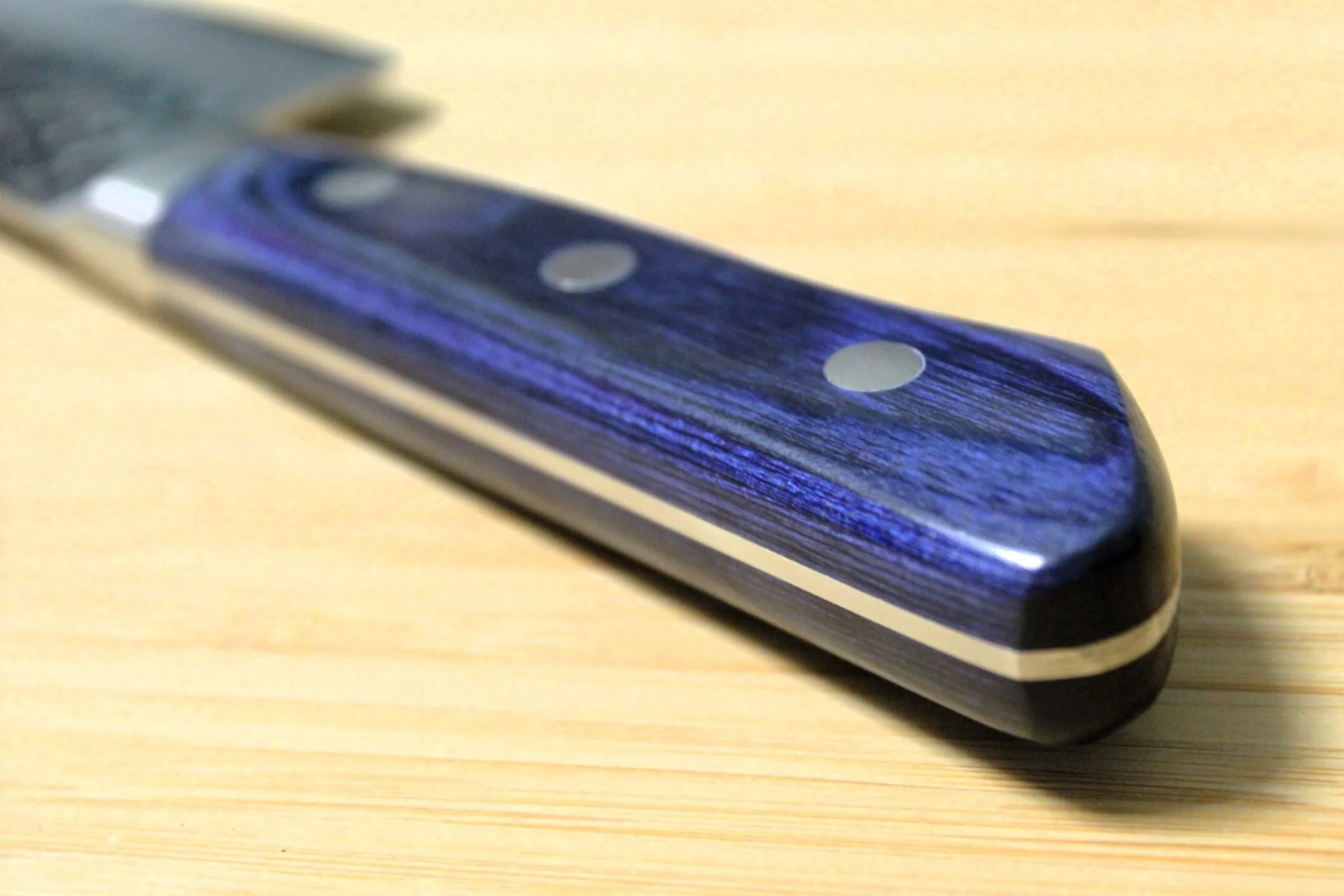 Sakai Takayuki 33-Layer Hammered Damascus 210mm Gyuto - Blue Wood Handle - Image 8