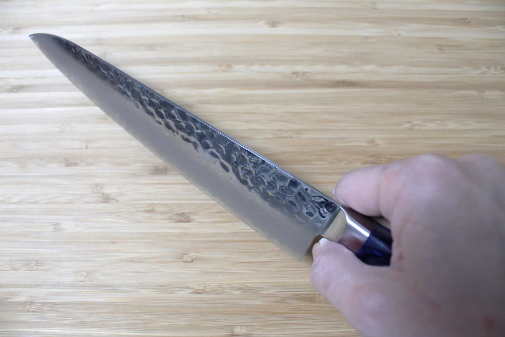 Sakai Takayuki 33-Layer Hammered Damascus 210mm Gyuto - Blue Wood Handle - Image 9