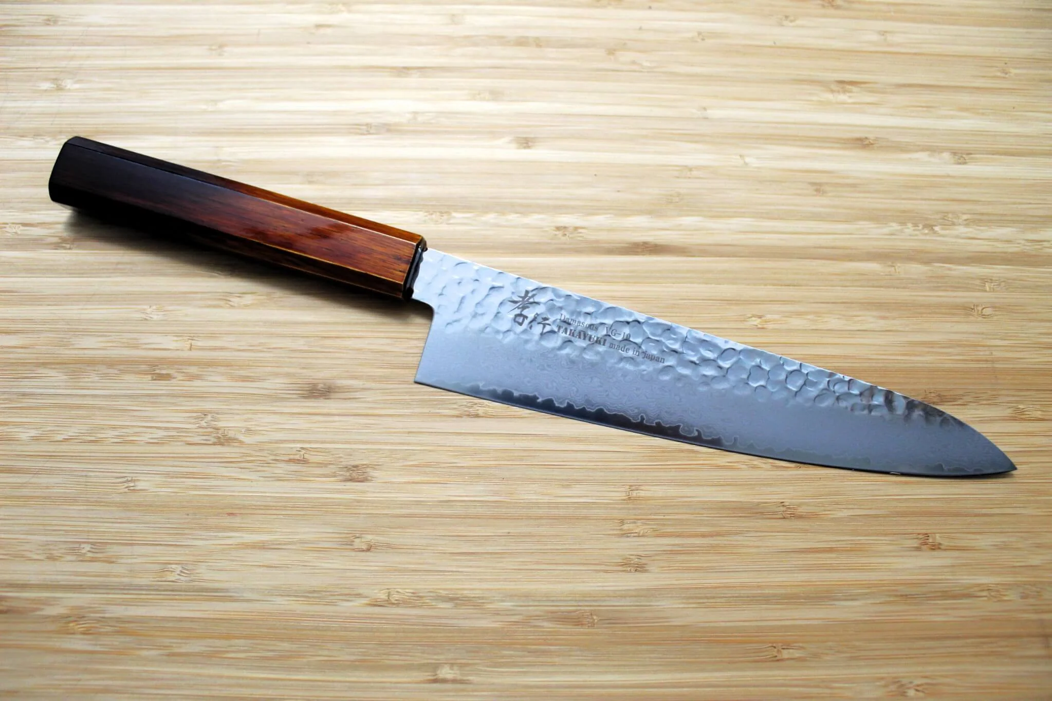 Sakai Takayuki 33-Layer Hammered Damascus 210mm Gyuto - Brown Lacquered Oak Handle