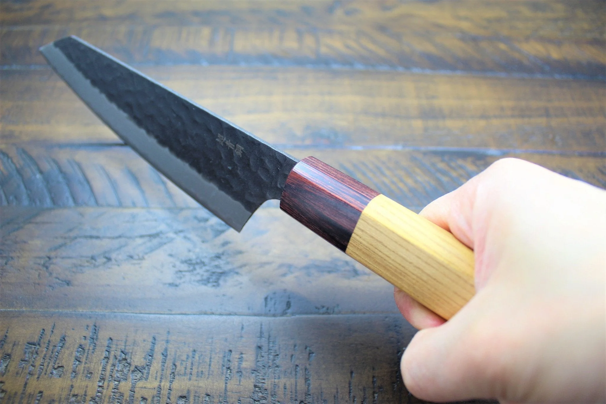 Sakai Takayuki Kengata Santoku 160mm (6.3") Aogami Super / Blue Super Kurouchi Hammered Finish - Image 5
