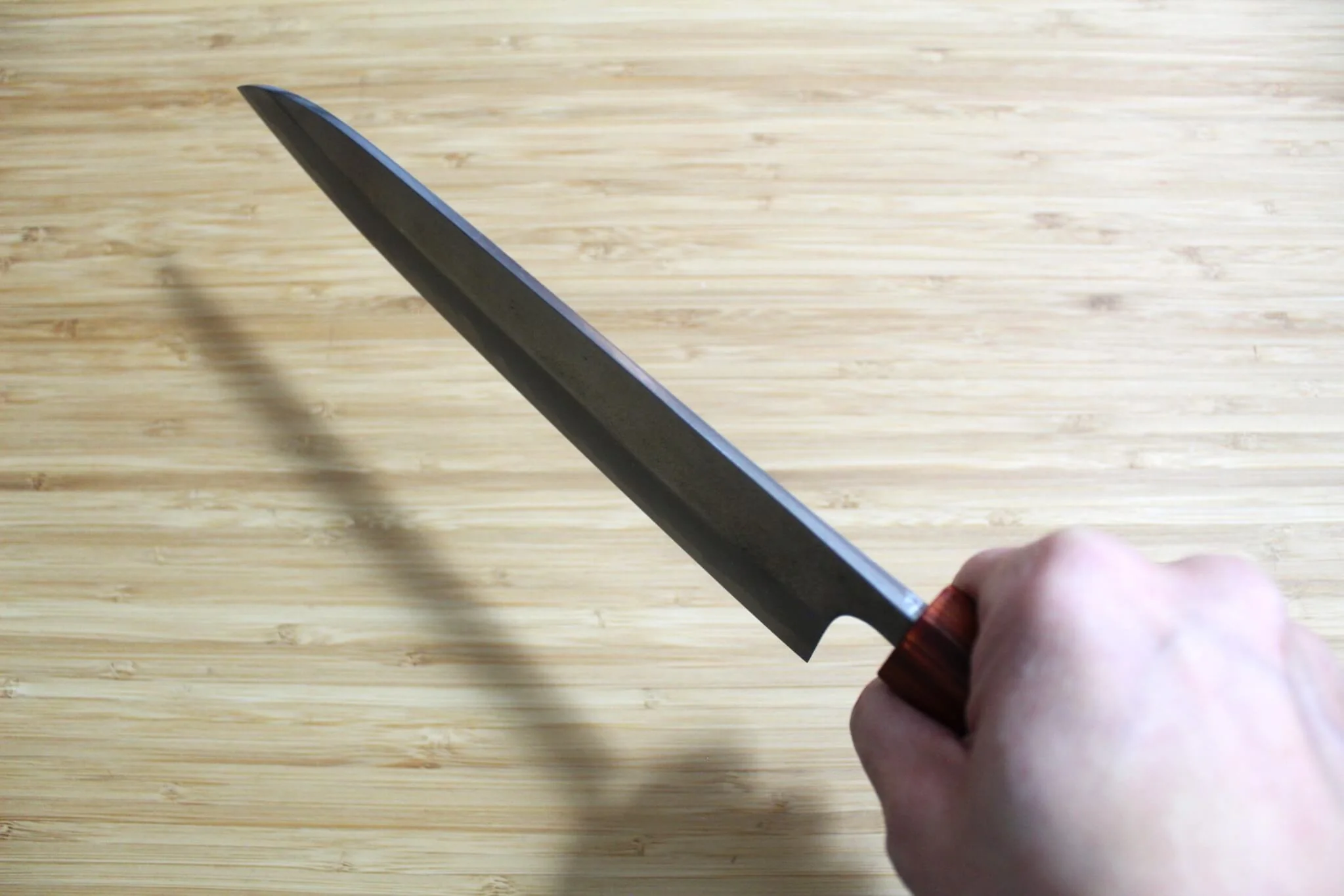 Sawakazuma Yugiri Nashiji Gyuto Knife 210 mm / 8.2" Maple and Renghas Handle Orange - Image 9