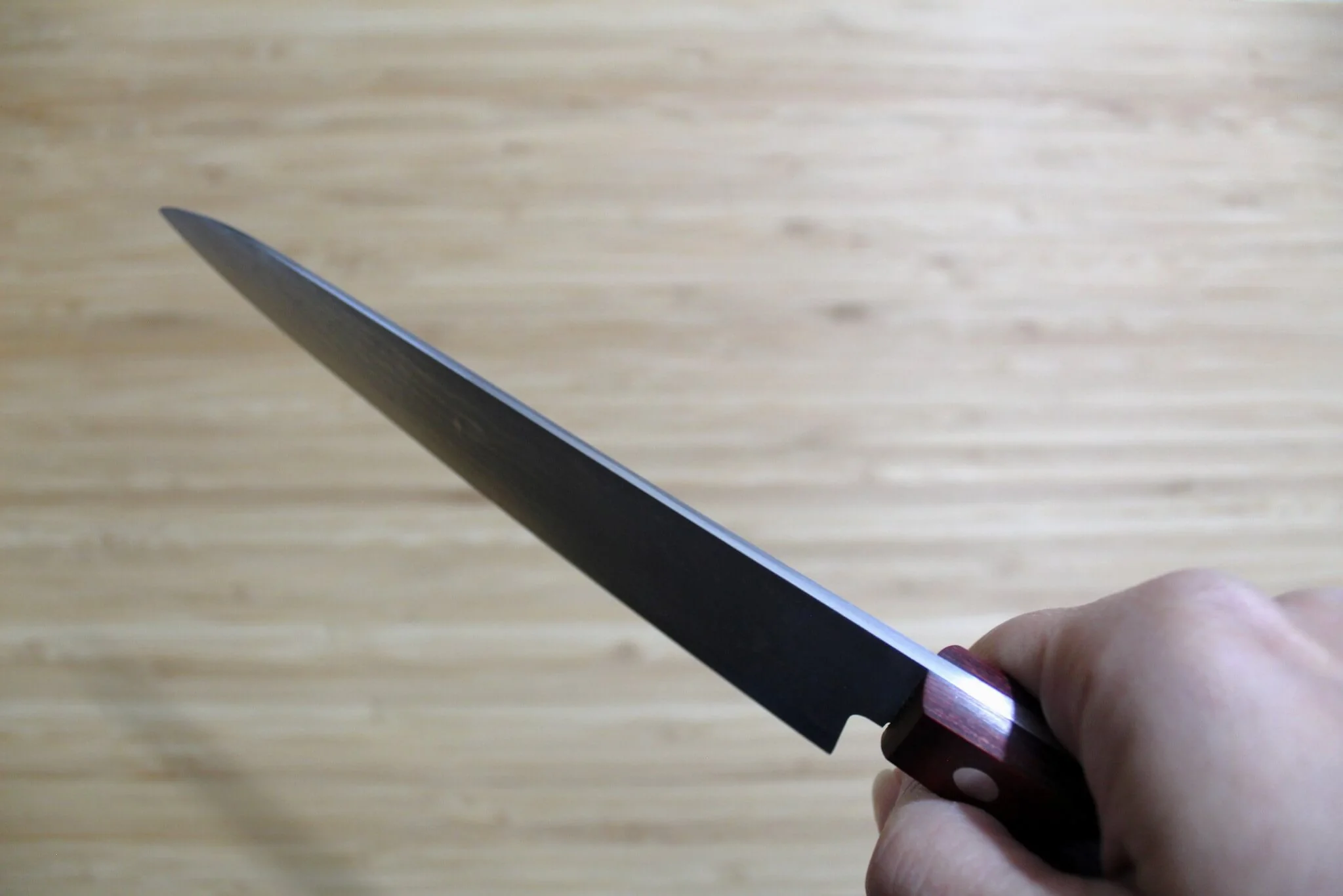 Shigeki Tanaka Damascus VG10 Petty with Red Handle  150mm / 5.9" - Image 11