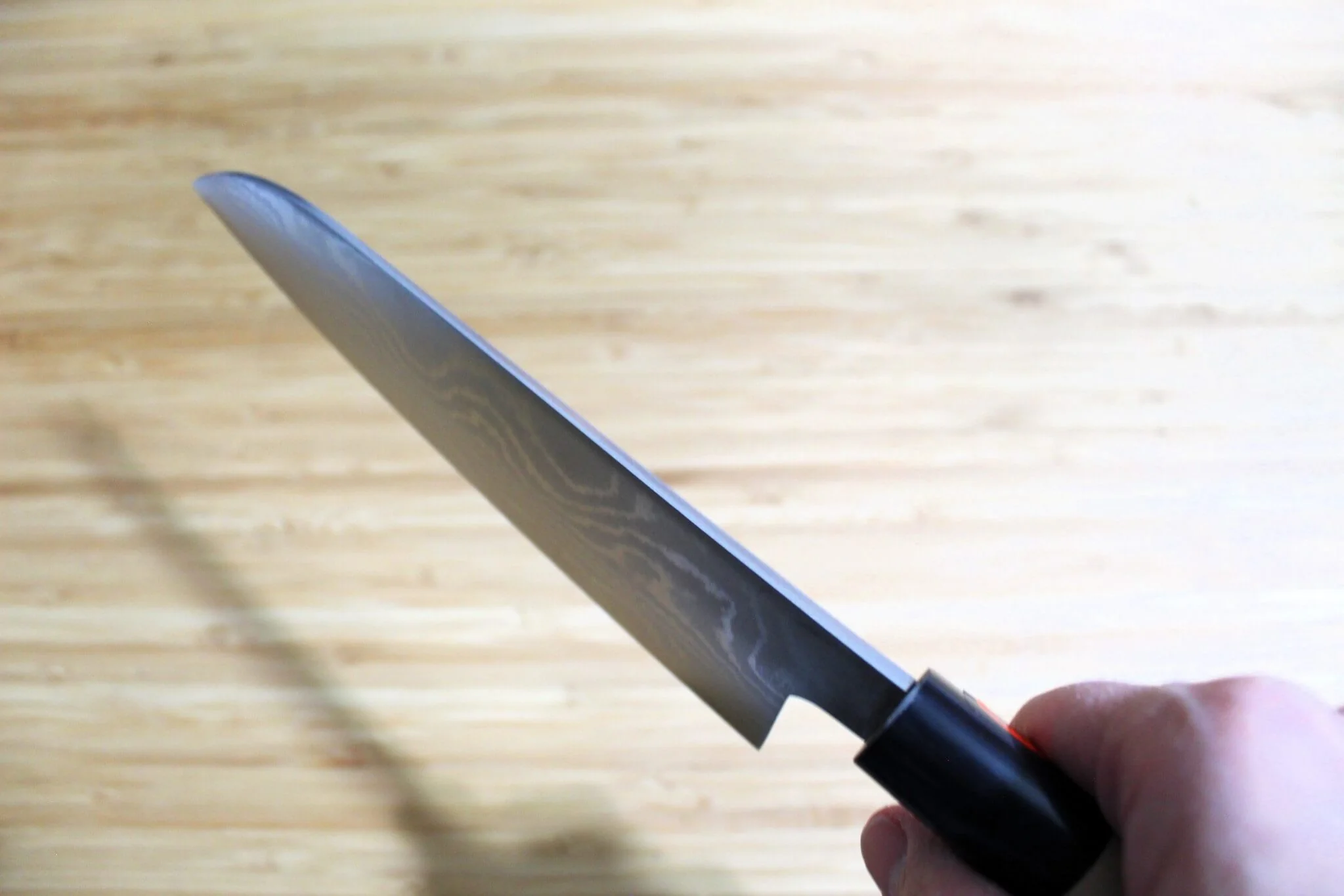 Shigeki Tanaka Damascus VG-10 Santoku with Magnolia Handle Buffalo Ferrule 165mm / 6.5" - Image 9