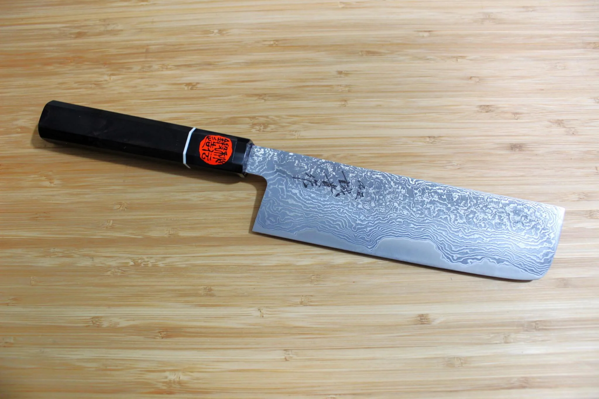 Shigeki Tanaka Habakiri Damascus SG2 Steel Nakiri with Ebony Handle Buffalo Ferrule 165mm / 6.5" - Image 3
