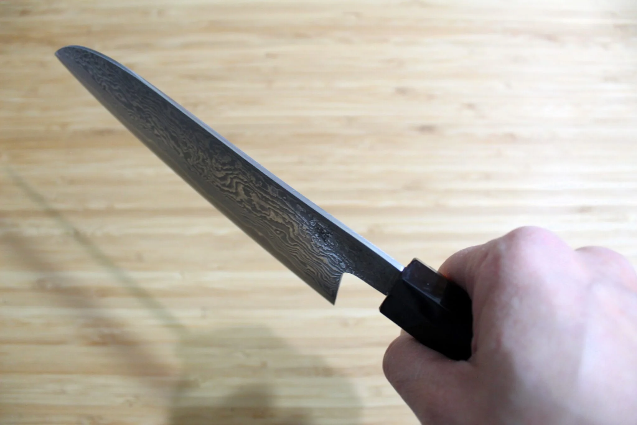 Shigeki Tanaka Habakiri Damascus SG2 Steel Santoku with Ebony Handle Buffalo Ferrule 165mm / 6.5" - Image 11