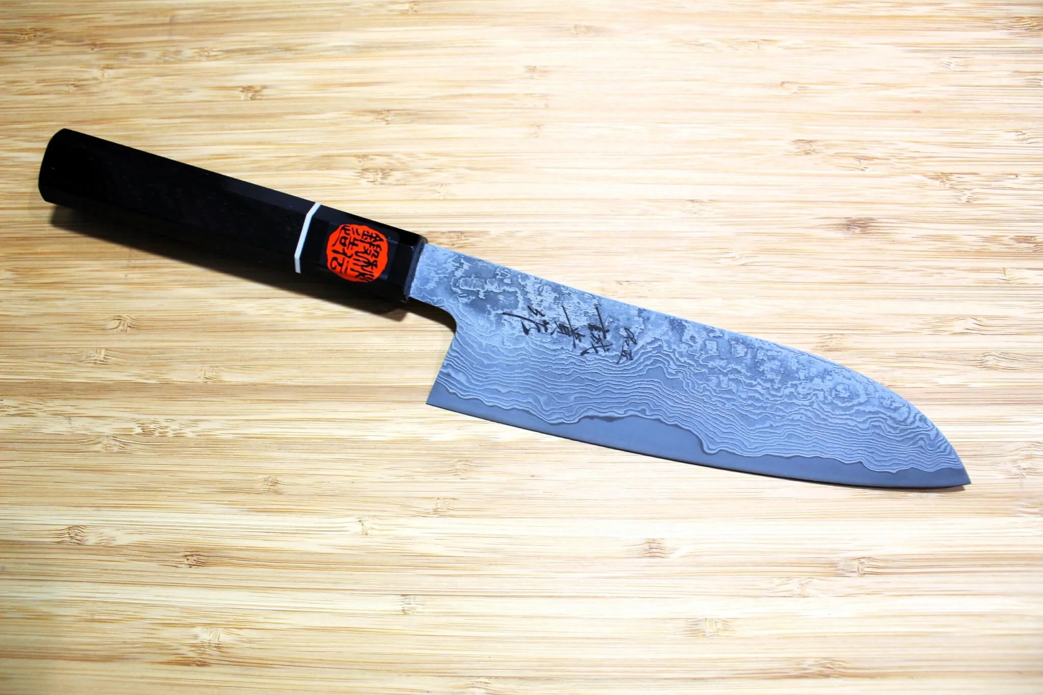 Shigeki Tanaka Habakiri Damascus SG2 Steel Santoku with Ebony Handle Buffalo Ferrule 165mm / 6.5" - Image 3