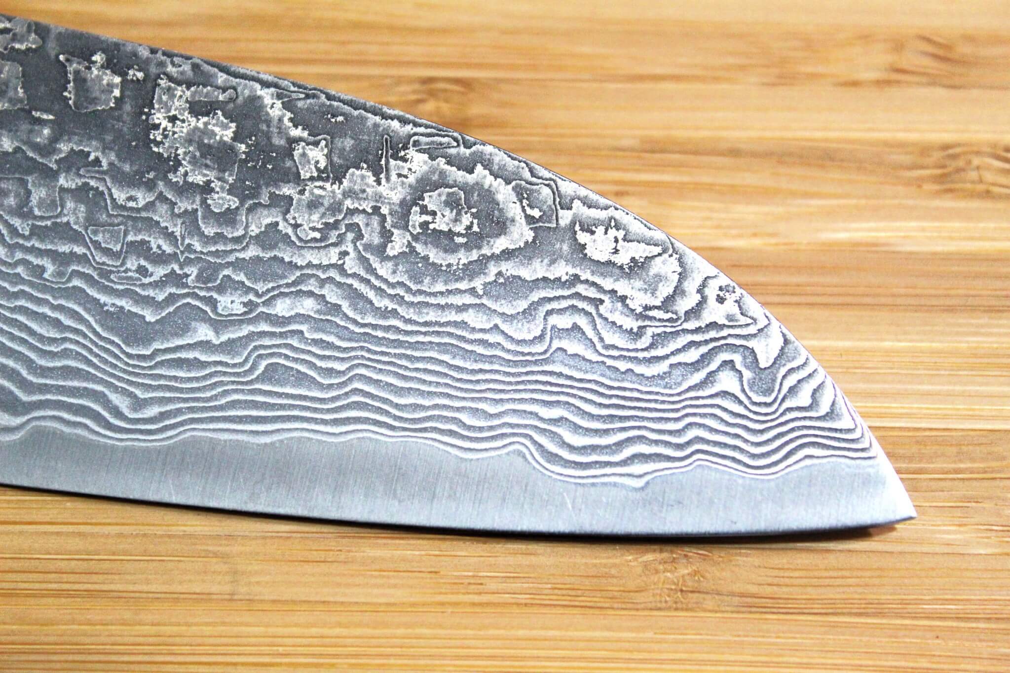 Shigeki Tanaka Habakiri Damascus SG2 Steel Santoku with Ebony Handle Buffalo Ferrule 165mm / 6.5" - Image 5