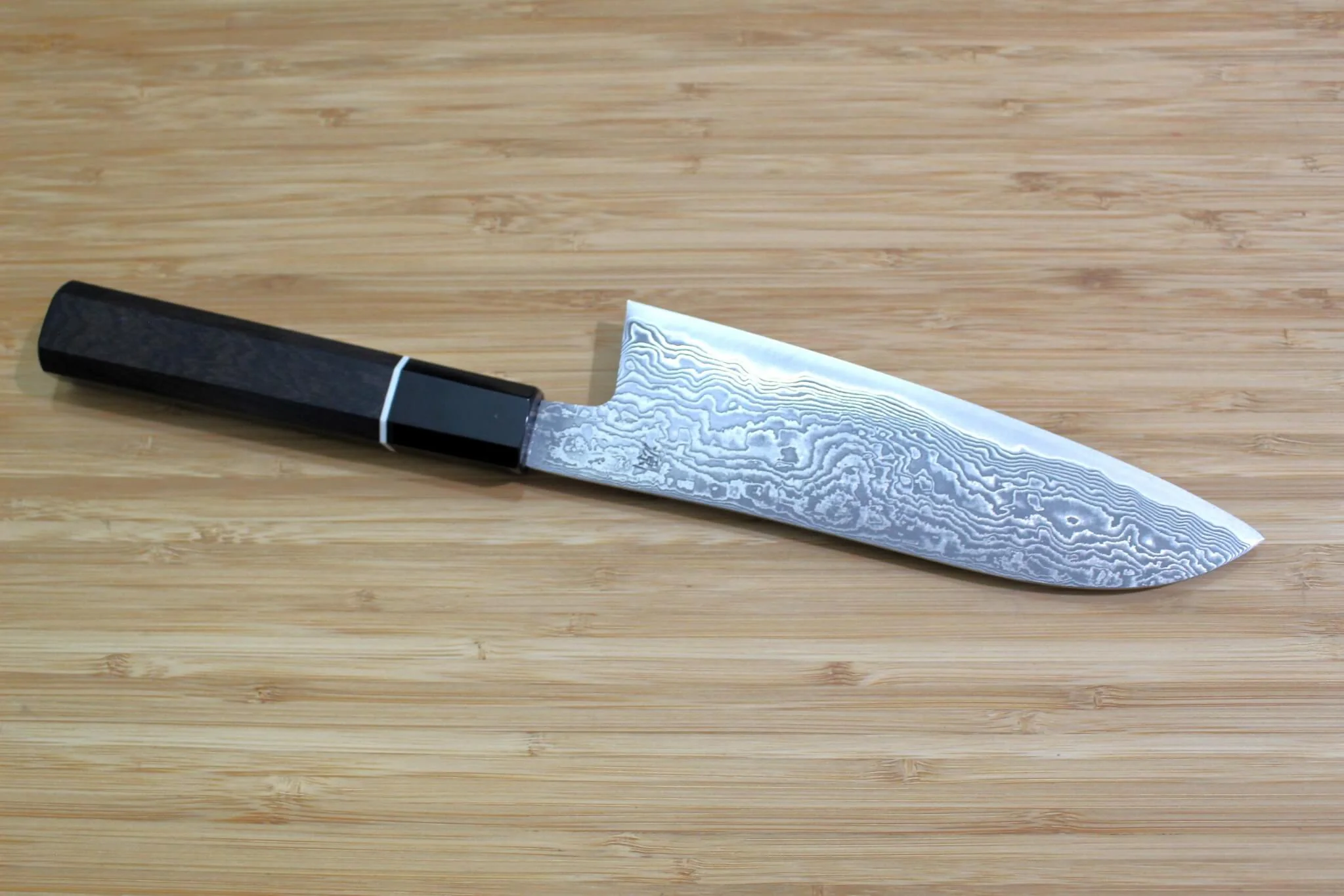 Shigeki Tanaka Habakiri Damascus SG2 Steel Santoku with Ebony Handle Buffalo Ferrule 165mm / 6.5" - Image 6