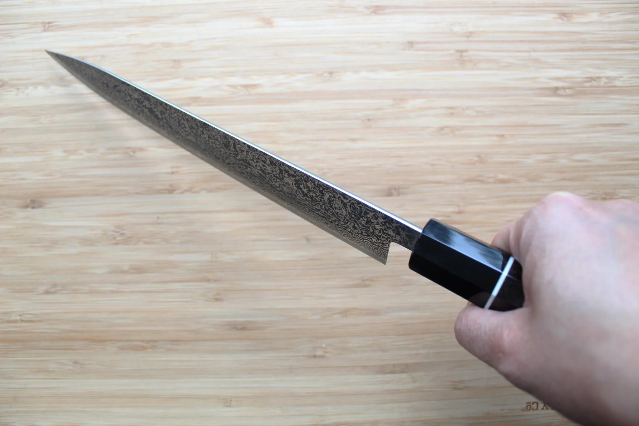 Shigeki Tanaka Habakiri Damascus SG2 Steel Sujihiki with Ebony Handle Buffalo Ferrule 240mm / 9.4" - Image 11