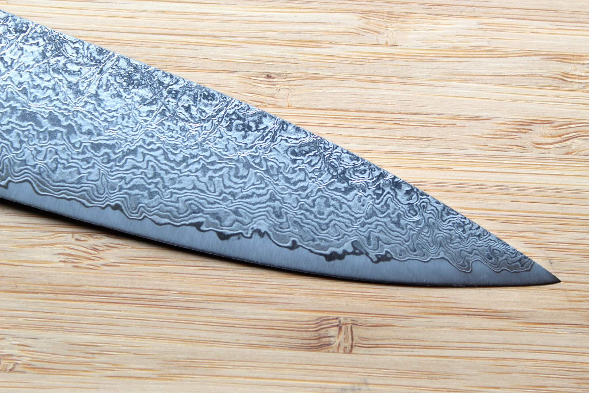 Shigeki Tanaka Habakiri Damascus SG2 Steel Sujihiki with Ebony Handle Buffalo Ferrule 240mm / 9.4" - Image 5