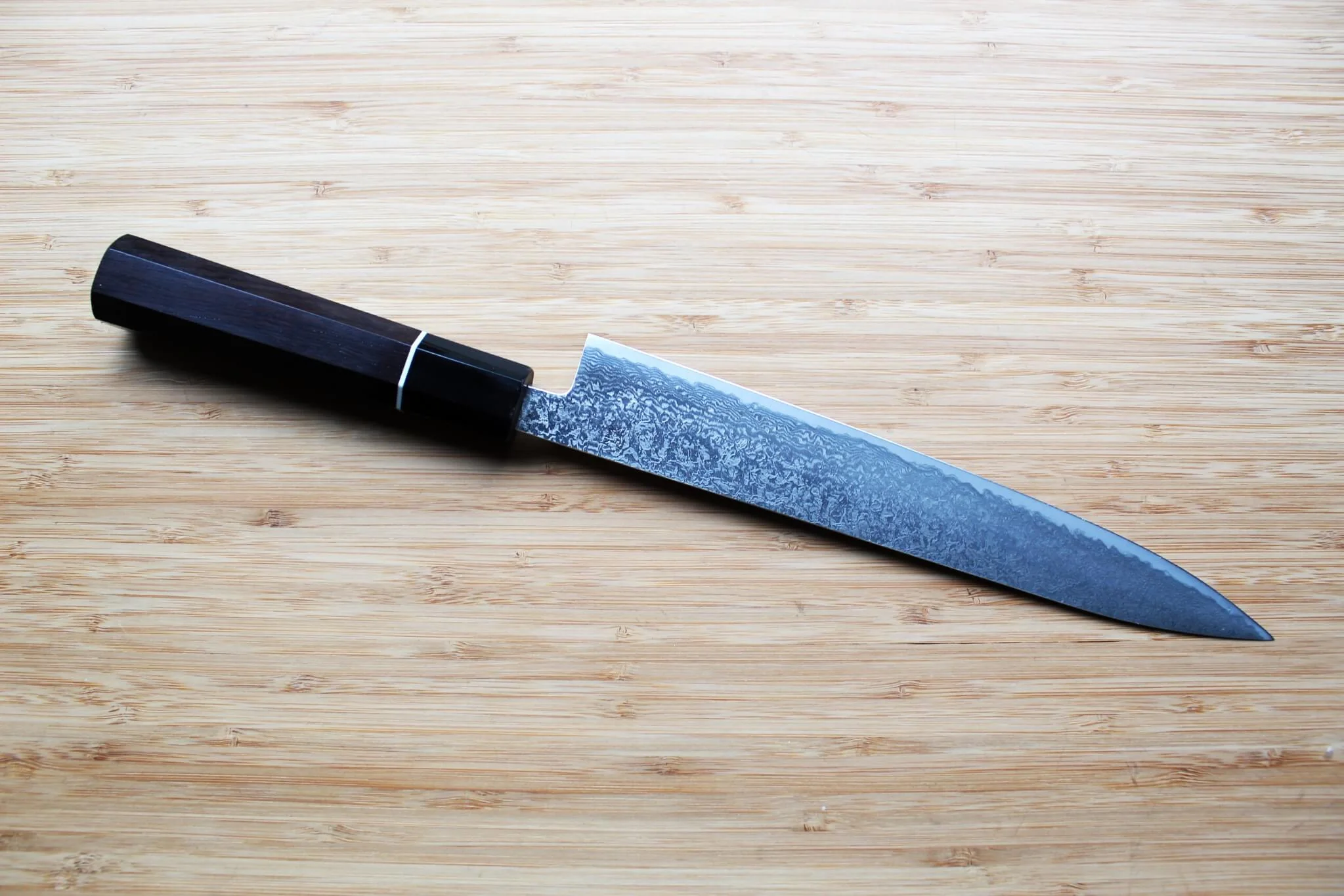 Shigeki Tanaka Habakiri Damascus SG2 Steel Sujihiki with Ebony Handle Buffalo Ferrule 240mm / 9.4" - Image 6