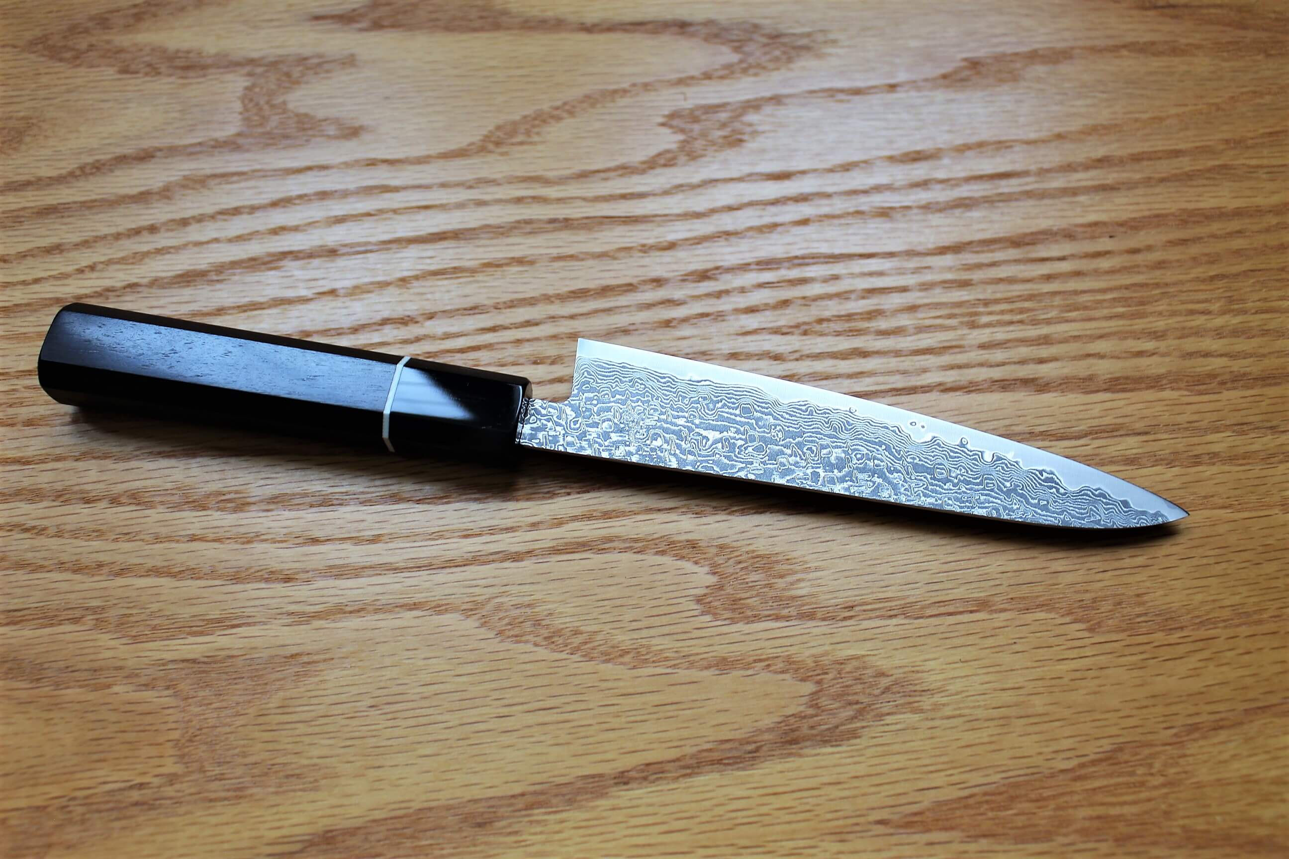 Shigeki Tanaka Habakiri Damascus SG2 Steel Petty with Ebony Handle Buffalo Ferrule 150mm / 5.9" - Image 6