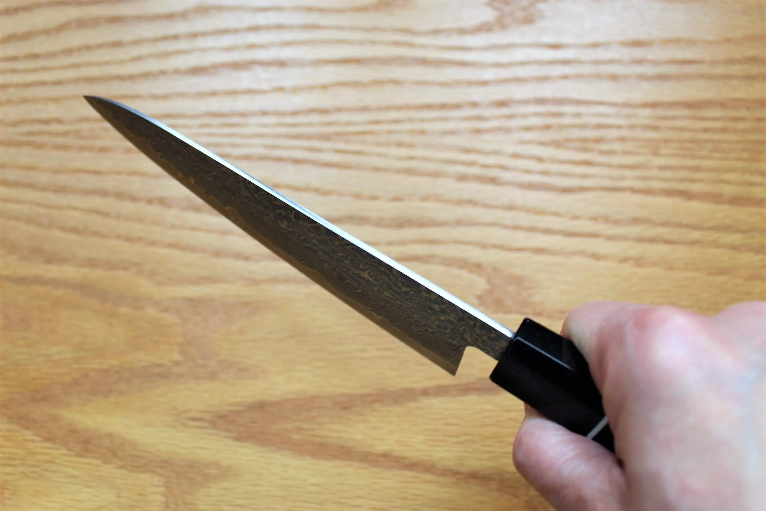 Shigeki Tanaka Habakiri Damascus SG2 Steel Petty with Ebony Handle Buffalo Ferrule 150mm / 5.9" - Image 9