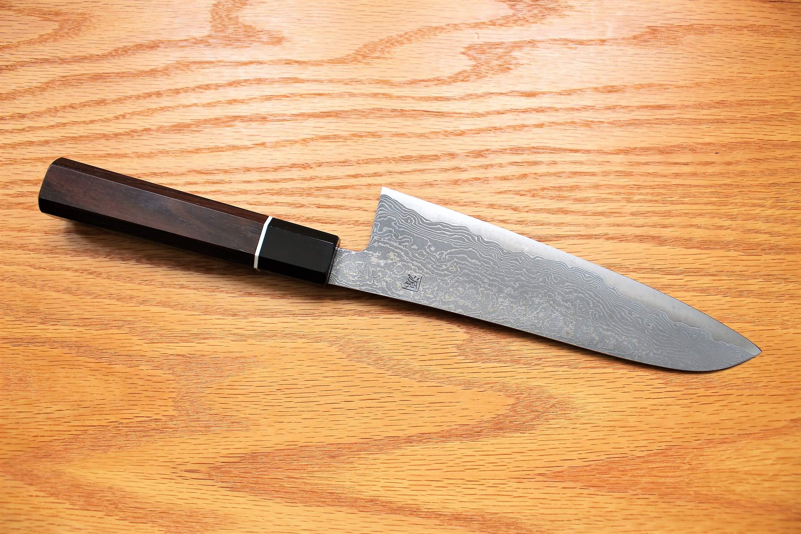 Shigeki Tanaka Habakiri Damascus SG2 Steel Gyuto with Ebony Handle Buffalo Ferrule 180mm - Image 6