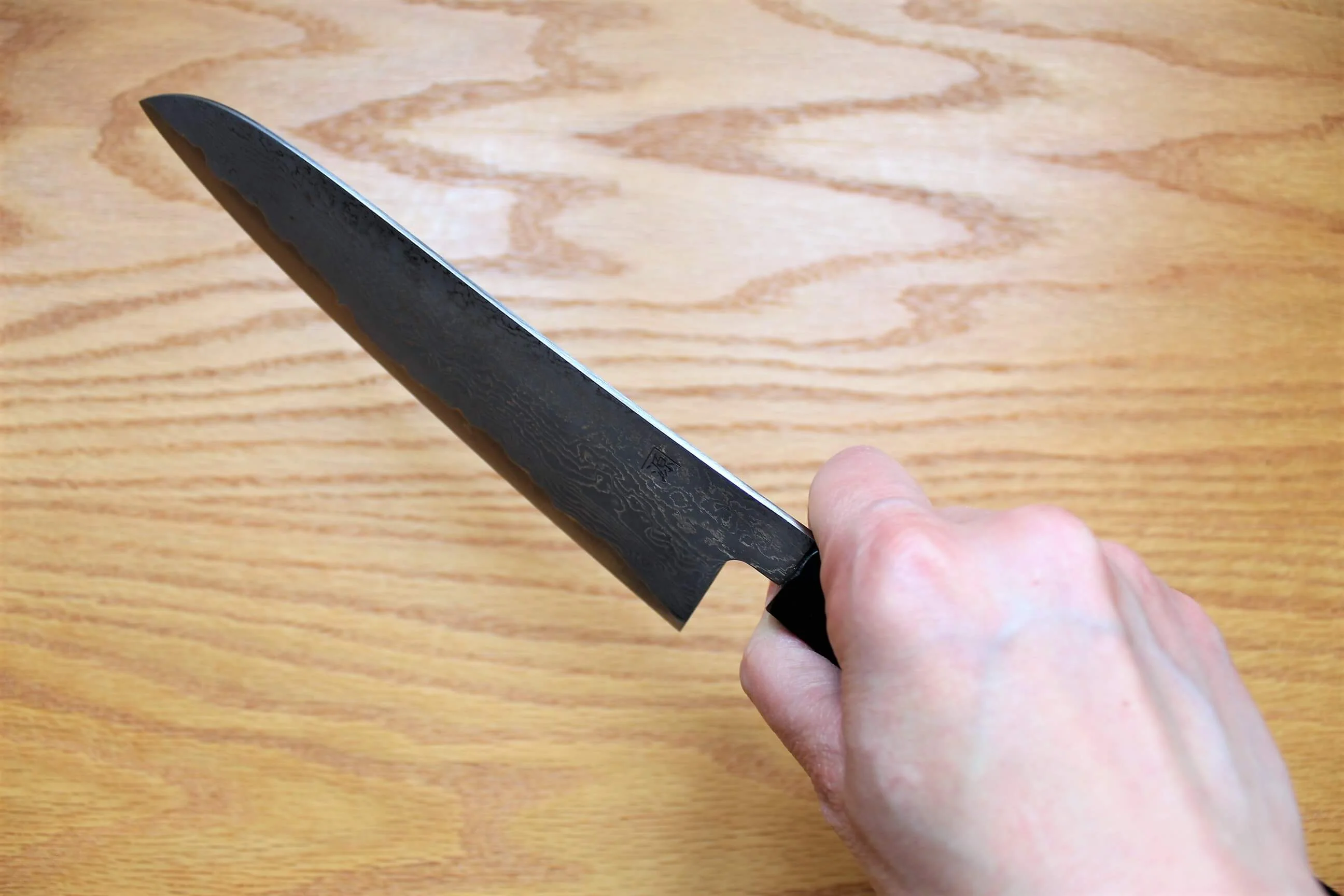 Shigeki Tanaka Habakiri Damascus SG2 Steel Gyuto with Ebony Handle Buffalo Ferrule 180mm - Image 9